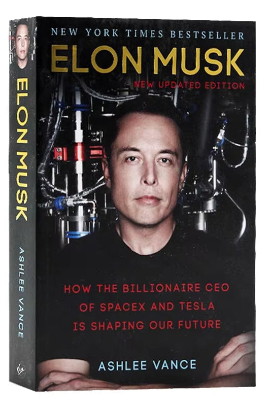 A cover image of the book 'Elon Musk: Tesla, SpaceX, and the Quest for a Fantastic Future' by Ashlee Vance, featuring a portrait of Elon Musk with a background of space-themed graphics.
