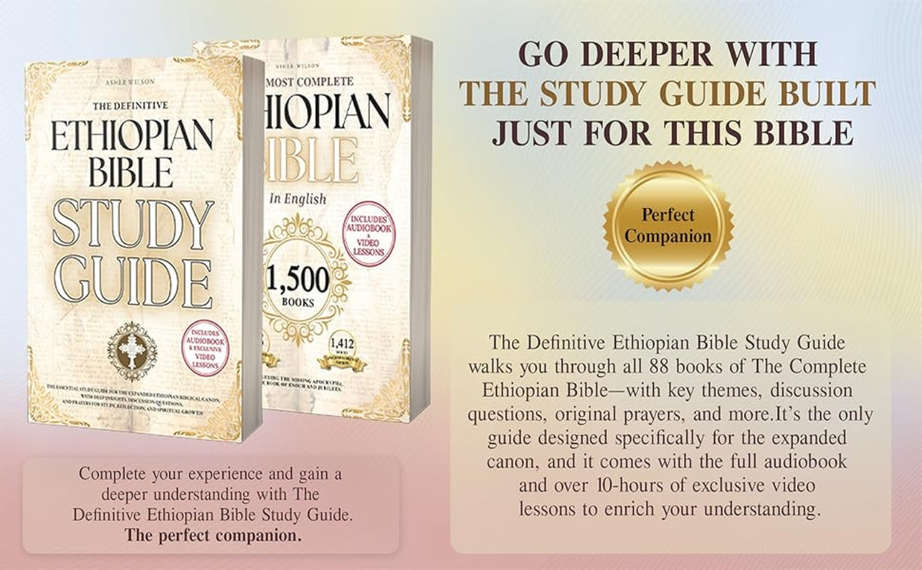 Advertisement for Ethiopian Bible Study Guide with text and book images.