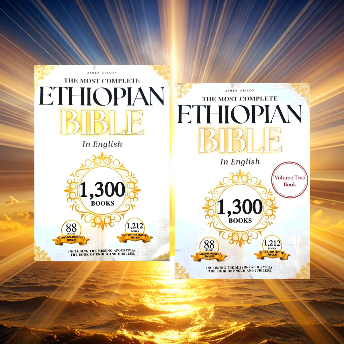 Two copies of 'The Most Complete Ethiopian Bible in English' on a golden background