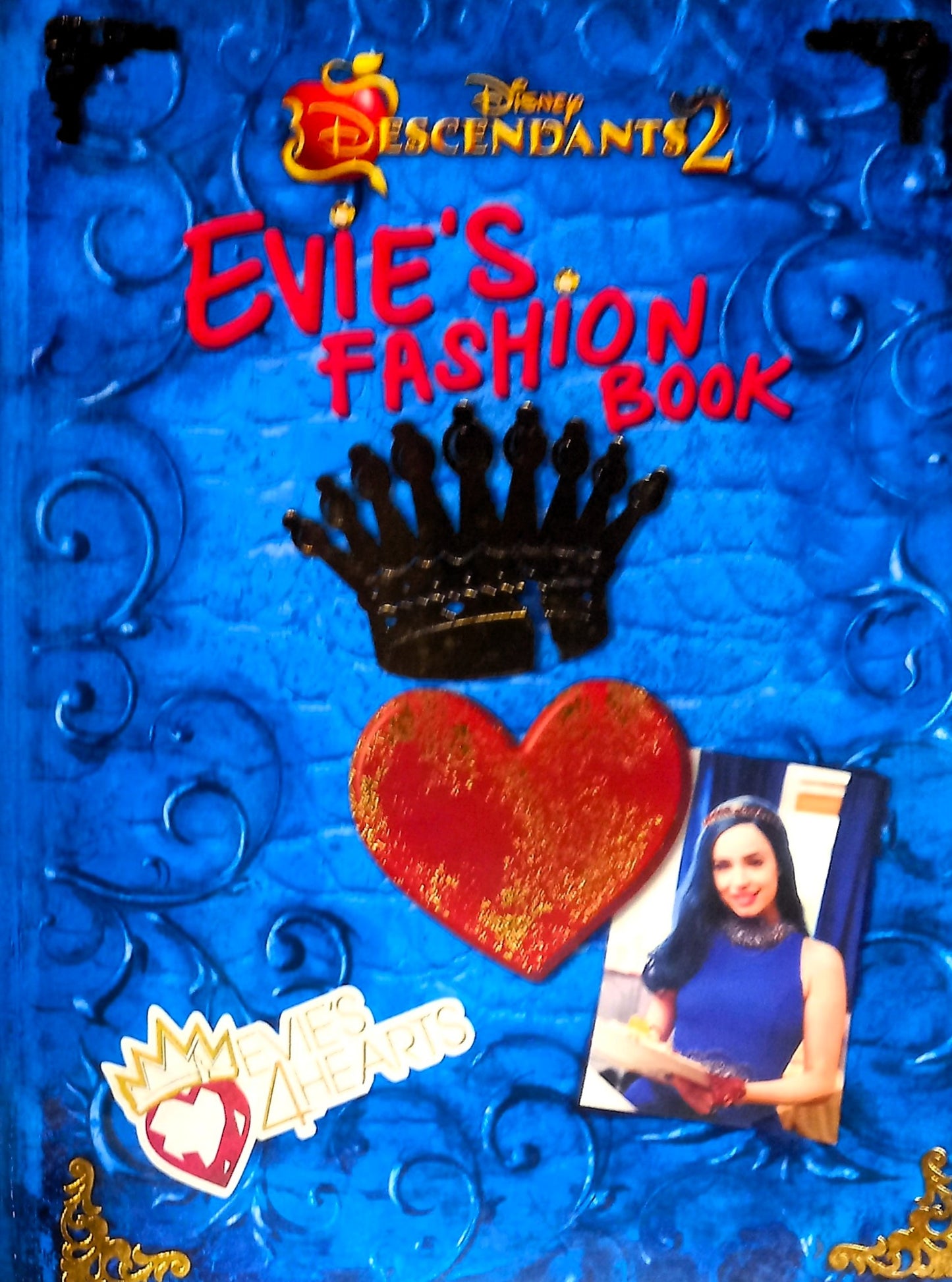 Disney Descendants 2 Evie's Fashion Book with blue cover, crown, heart, and character photo.