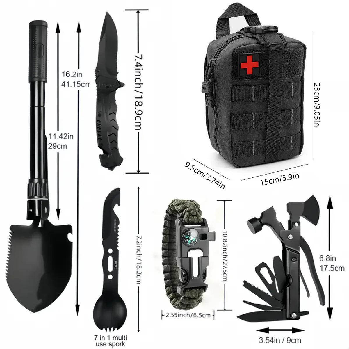 Collection of survival tools with dimensions on a white background