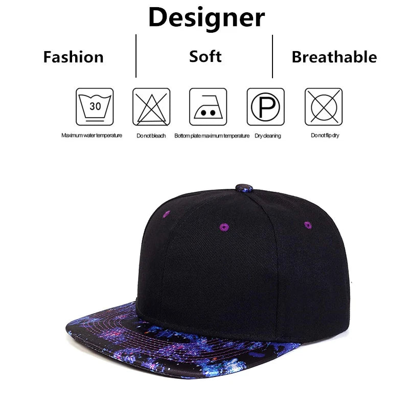 Black cap with purple and blue galaxy patterned brim on a white background, featuring text and material icons about cap design and care.