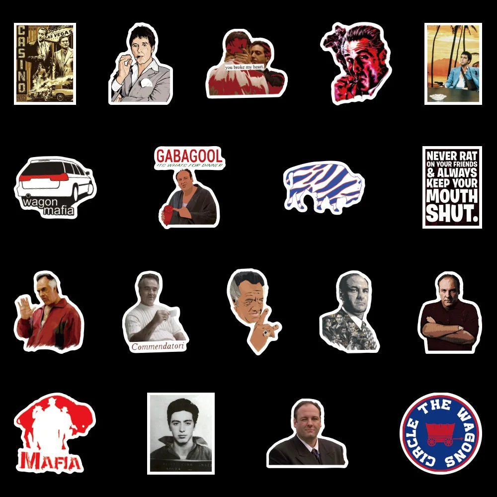Collection of various stickers on a black background
