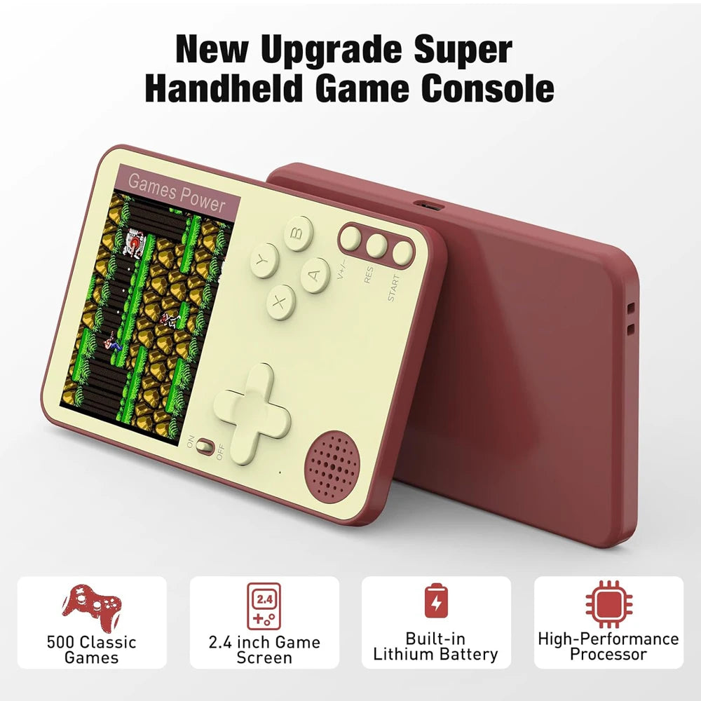 Handheld game console with screen displaying games, surrounded by feature icons on a white background.