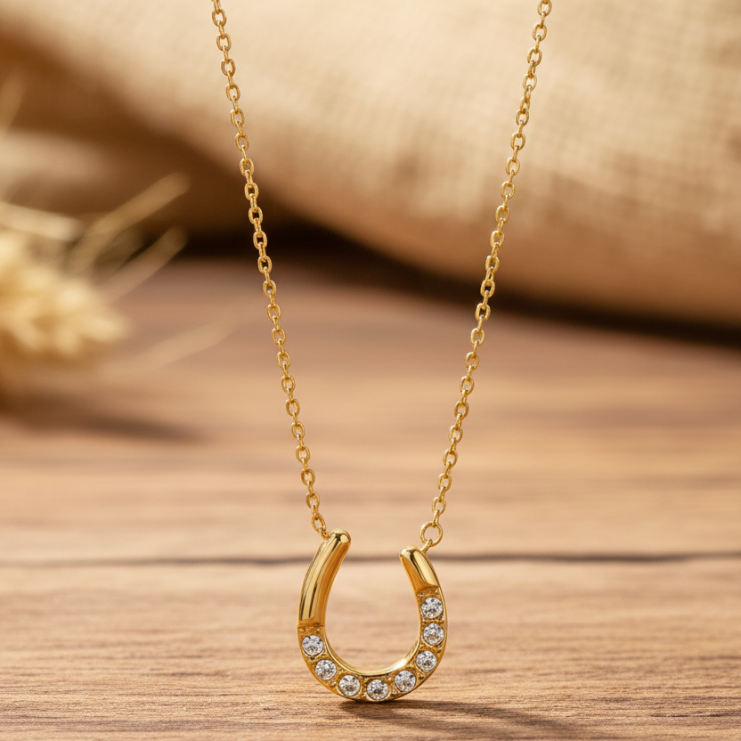 A gold horseshoe pendant necklace adorned with small clear crystals, hanging on a delicate gold chain against a warm, rustic wooden background.