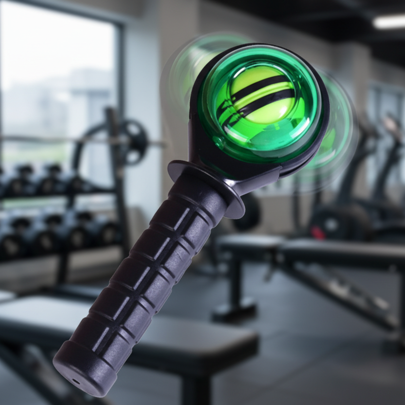 A black and green wrist spinner exercise tool with a glowing green center, shown in motion against a blurred gym background.