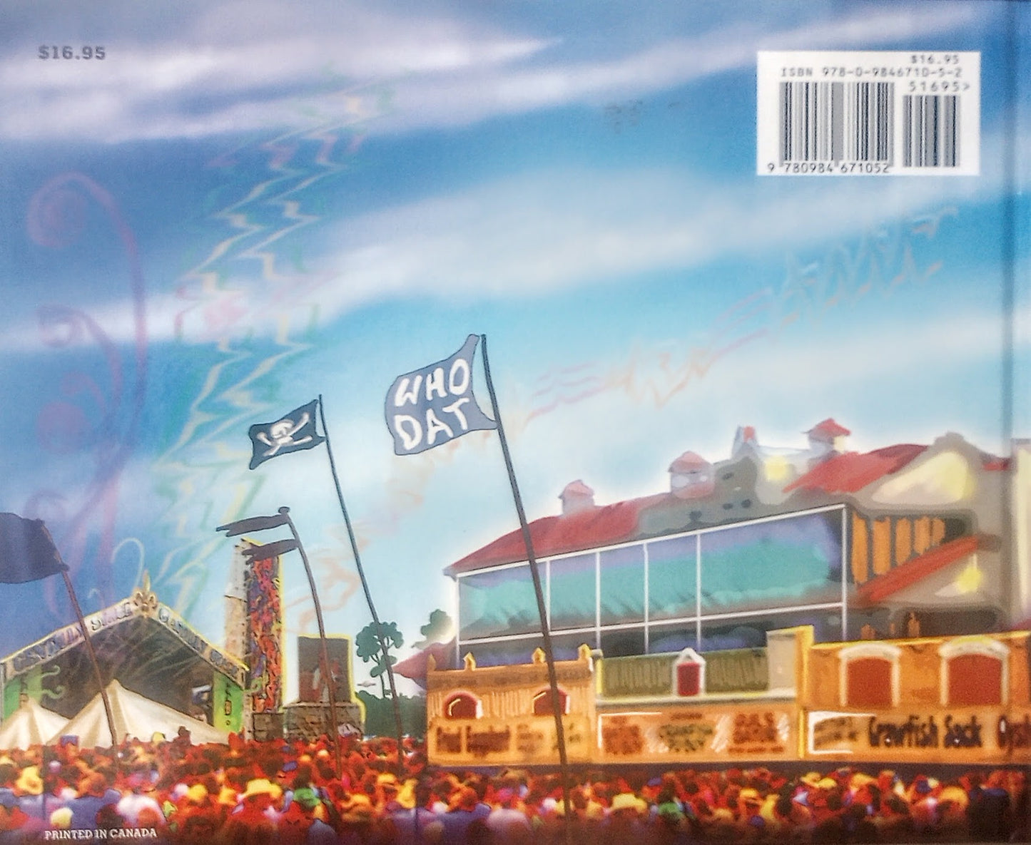 Back cover of book'Happy Jazz Fest' with a colorful illustration of a festival scene, flags, and a building, Who Dat.