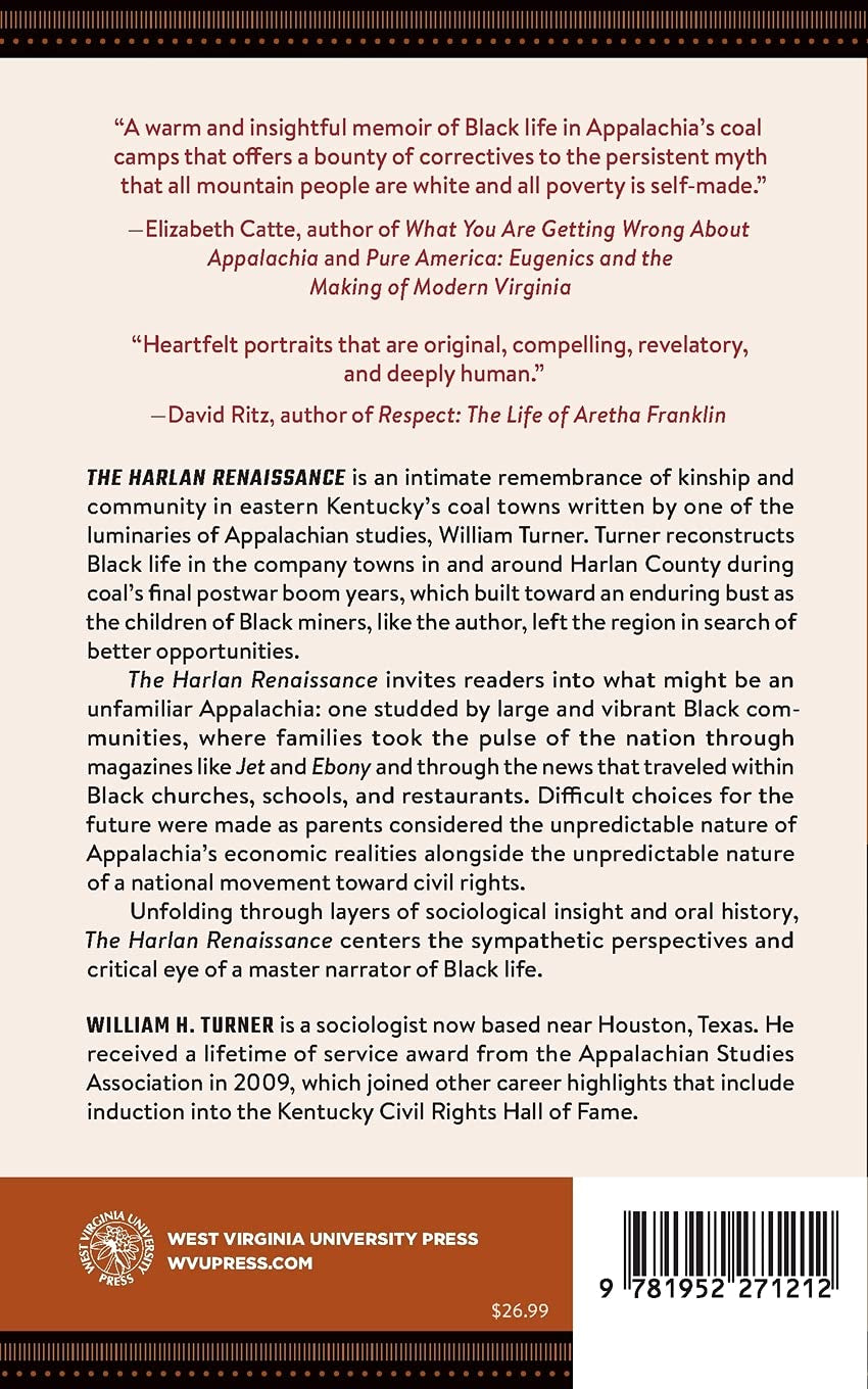 Book back cover of "The Harlan Renaissance: Stories of Black Life in Appalachian Coal Towns" by William H. Turner featuring synopsis, barcode, publisher branding, author biography and ISBN: