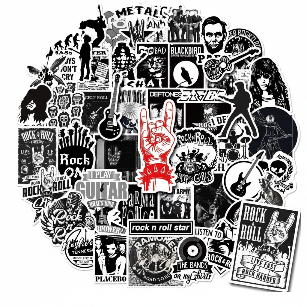 A collage of Rock and Roll Stickers and decals from the rock star sticker bundle.