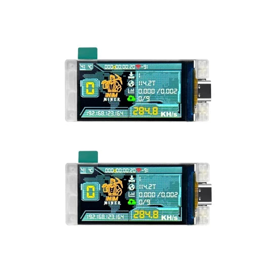 Dual bundle Heltec Vision Master T190 running NerdMiner firmware as a desktop BTC lottery miner with a vivid 262k color display and Wi-Fi connectivity.