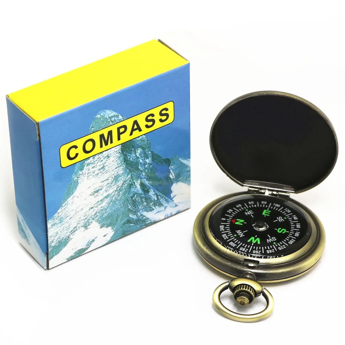 Pocket compass with open lid showing needle and brand name, next to its packaging box.