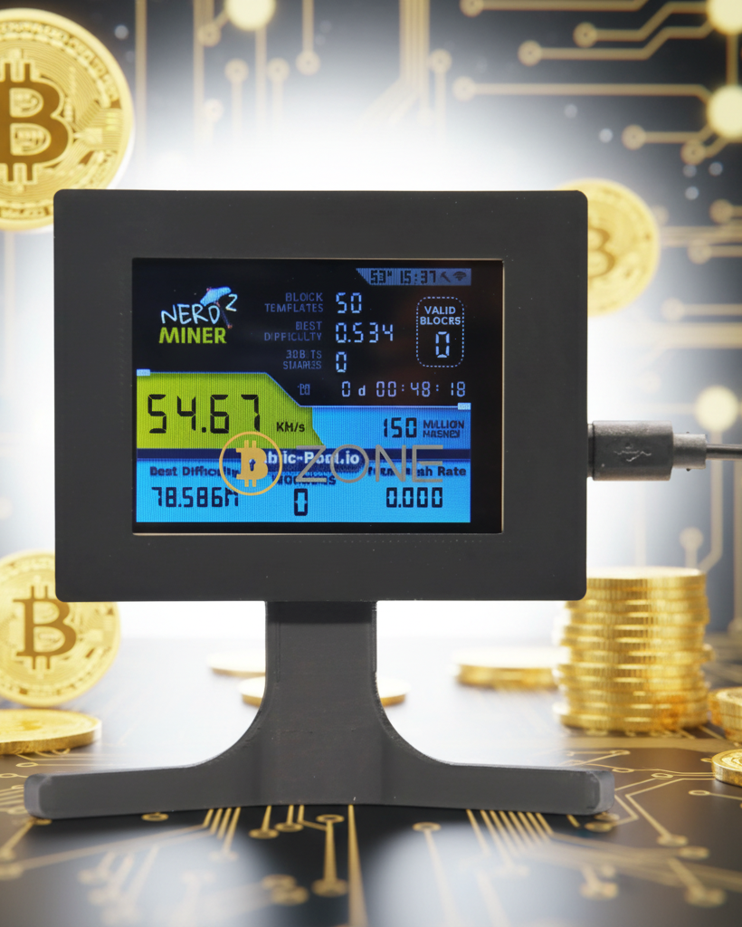NerdMiner Mini lotto miner Desktop setup with stand resembling TV screen featuring hashrate and other elements of Bitcoin mining in real time with type-c USB connection and a background featuring binary code, blockchain symbolism, 'Bust-Down Books' and Bitcoin elements.