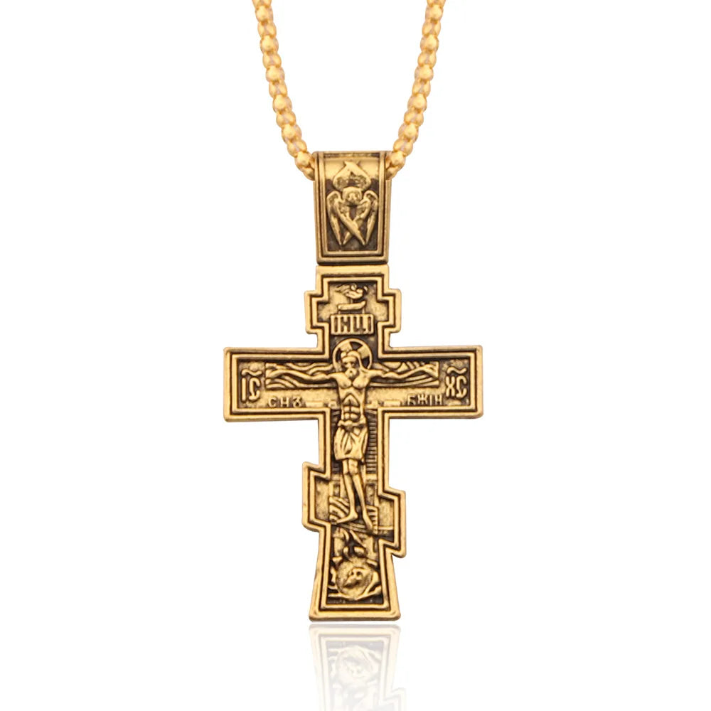 John Wick Gold Cross Necklace – Orthodox Crucifix Pendant with Link Chain (Unisex)