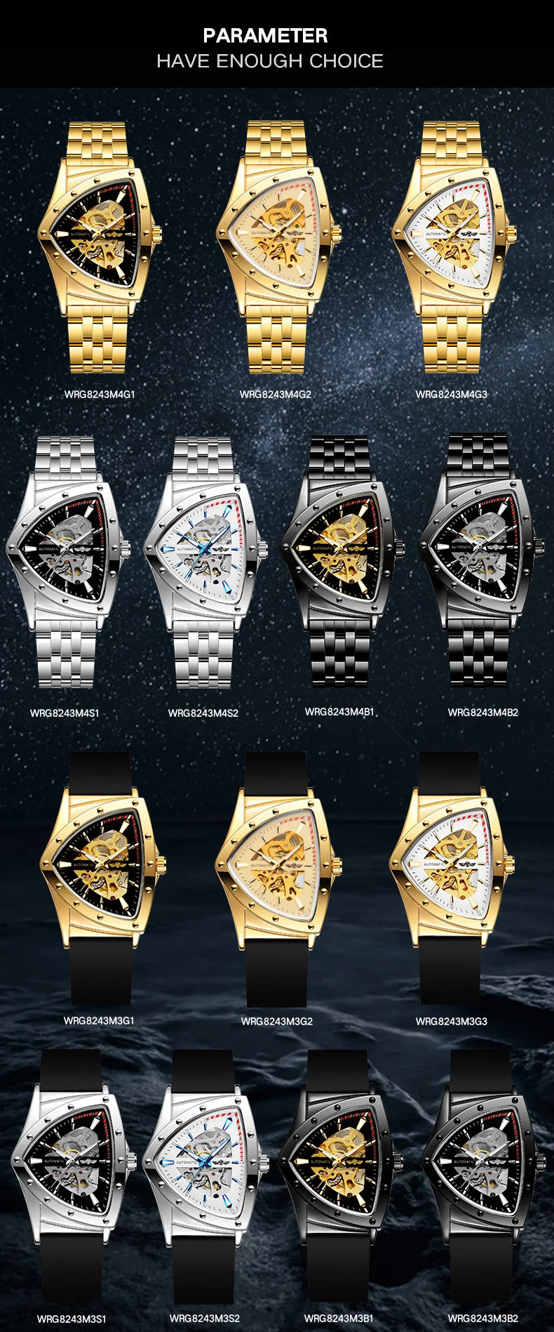 Luxury stainless steel triangular skeleton automatic watch with luminous hands, 40–44 mm pyramid case, waterproof up to 3 Bar