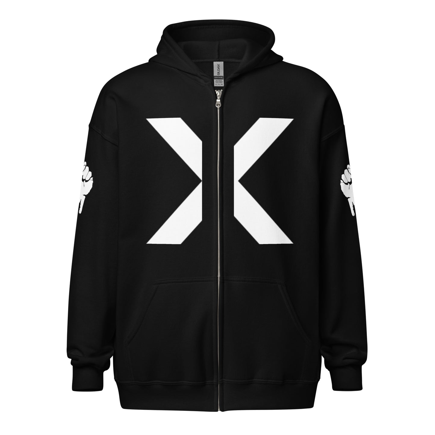 Malcom X Full-Zip Hoodie: Bust-Down Great Men Dedication by Bust-Down Designs - Ghost Mockup showing the front of the hoodie with the large x centered over zipper on torse and slight angles of the symmetrically placed, hand drawn sketched "Power Fist" that is featured on both right and left sleeves.