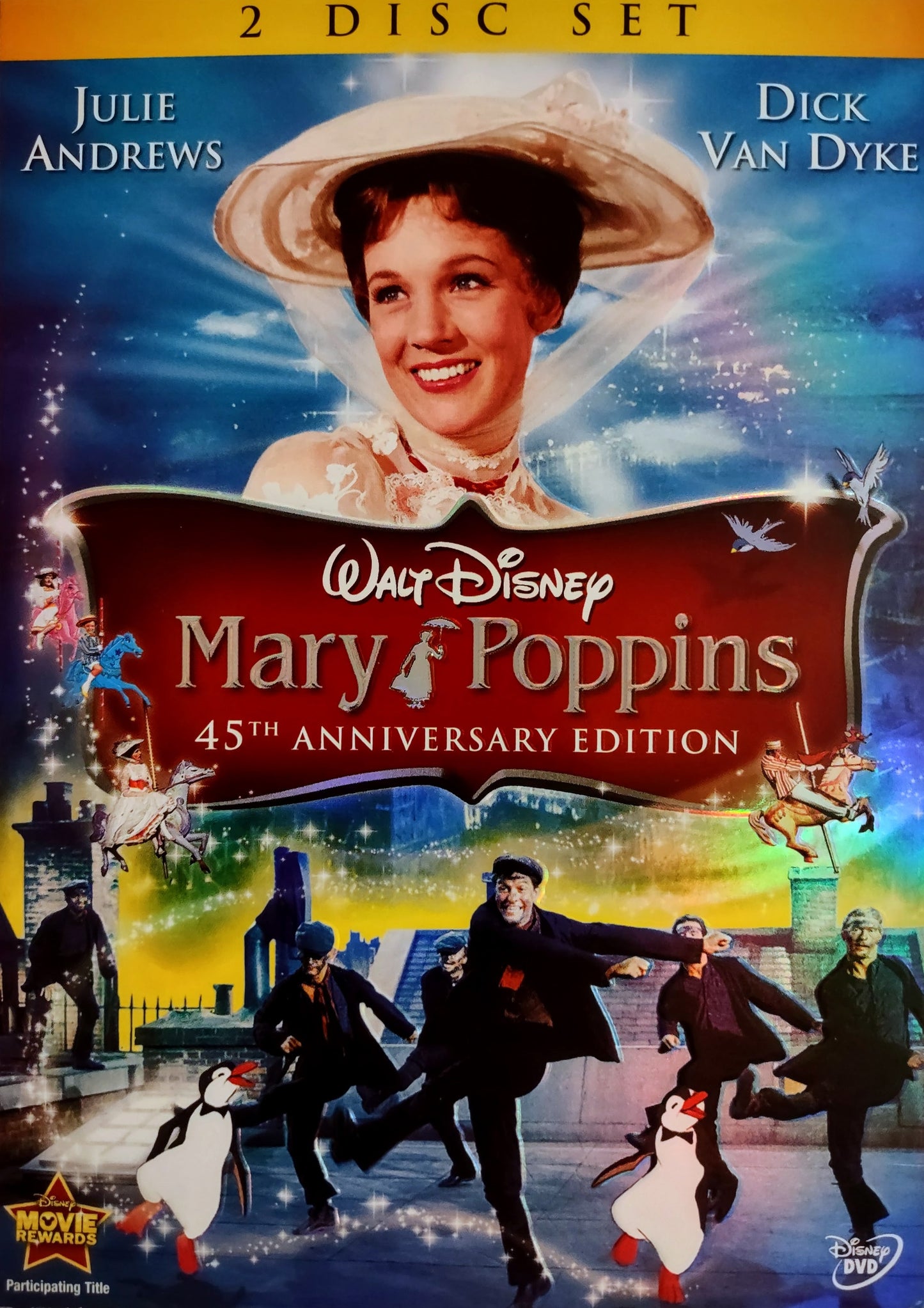 DVD cover of 'Mary Poppins' with Julie Andrews and Dick Van Dyke, featuring penguins and characters from the movie.