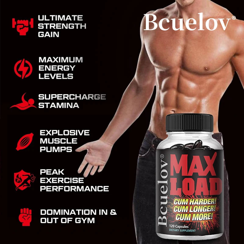 Bcuelov supplement bottle with muscular man and product features on a black background
