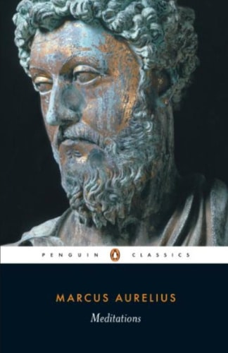 Cover of 'Meditations' by Marcus Aurelius, featuring a statue of the emperor with a focus on his face and expression.