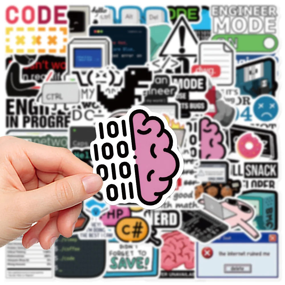 Hand holding a sticker with binary code and a brain design against a background of various other stickers.