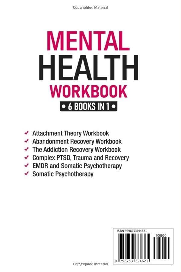 Back cover of a book titled 'Mental Health Workbook' with a list of topics on a white background.