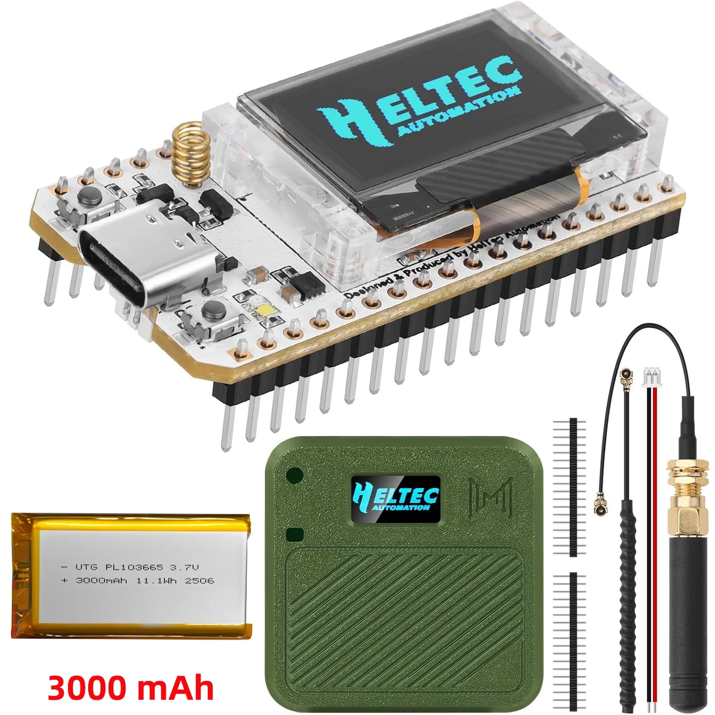 Heltec Automation electronic component with battery and connectors on a white background