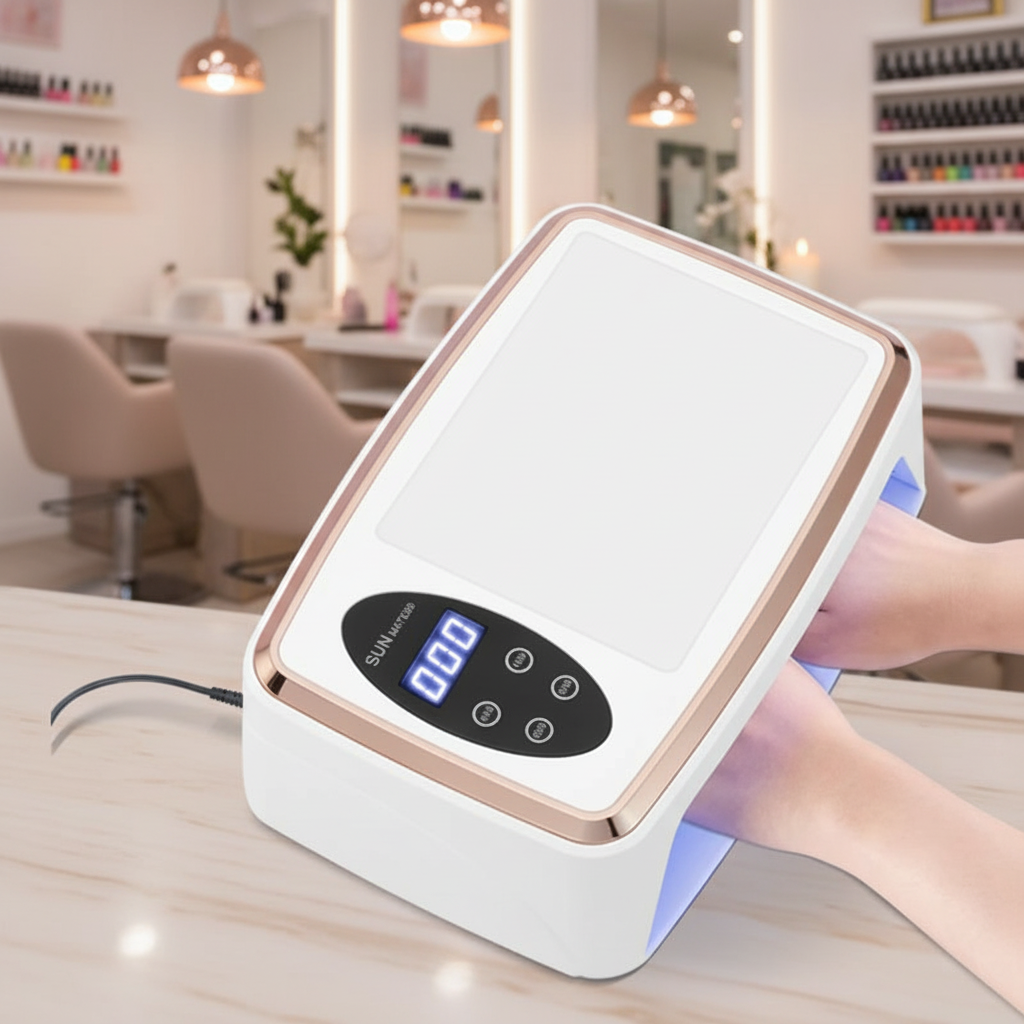 Handheld electronic device with digital display held by a person on a white background
