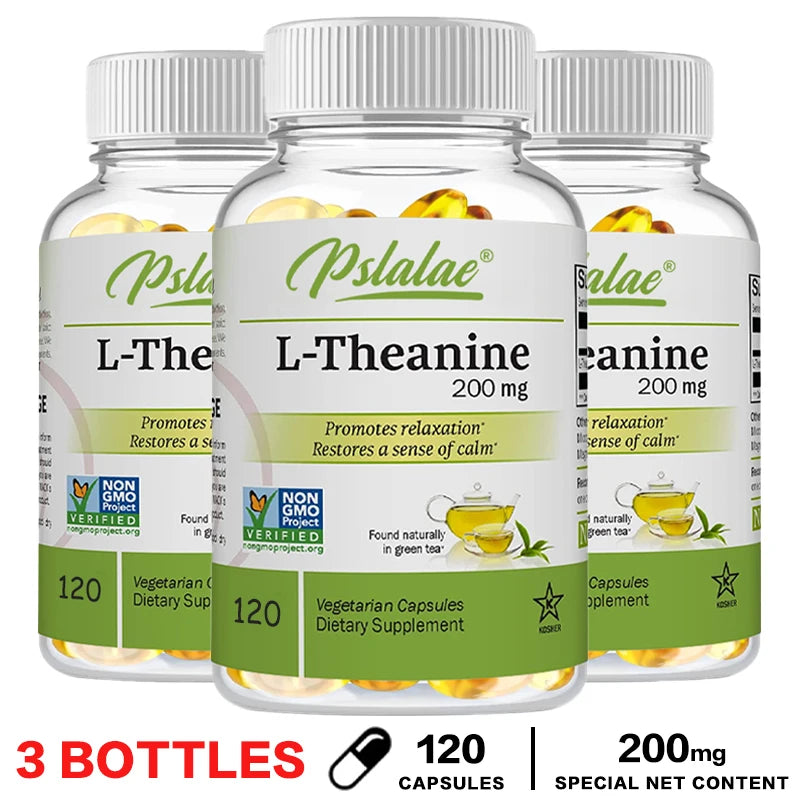 Three bottles of L-Theanine 200 mg dietary supplements on a white background