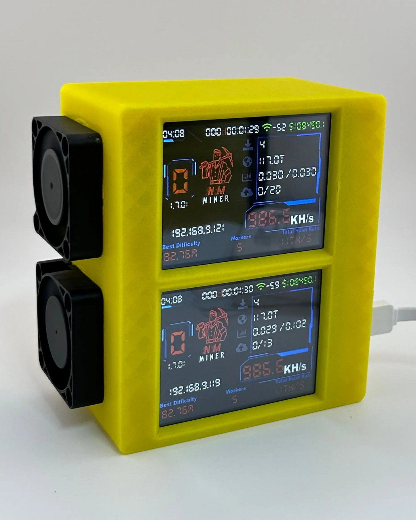 Yellow dual-stack double nerdminer with multiple screens and fans on a light background