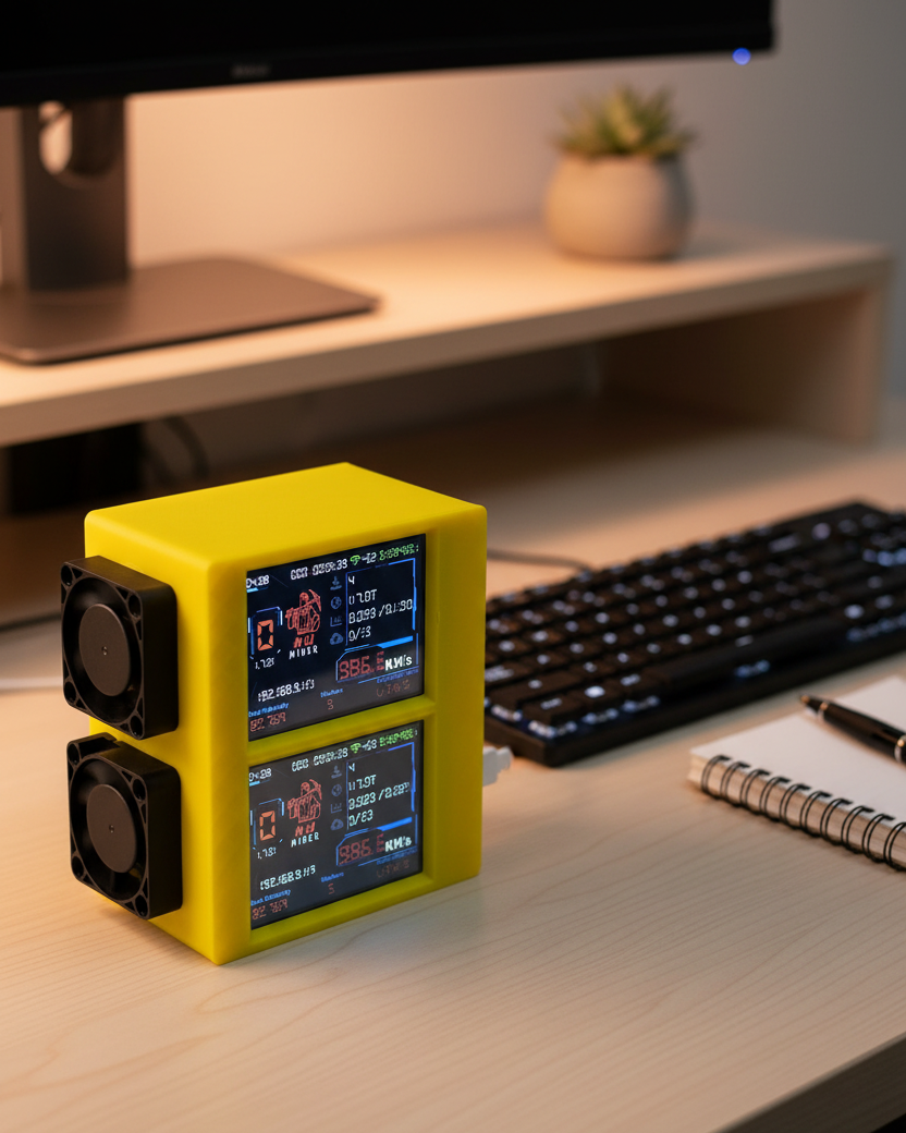 A yellow NerdMiner stack with two black side fans and two front LCD screens sits on a light wood desk in a home office setup, with a keyboard, notebook, and monitor visible in the blurred background.