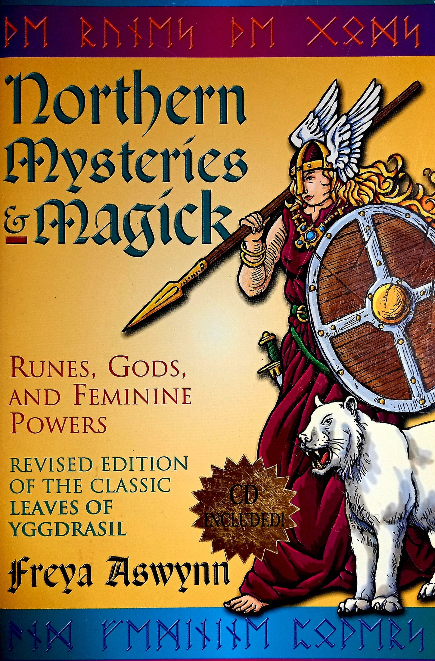 Book cover of 'Northern Mysteries & Magick' with a Viking warrior and white wolf on a yellow background