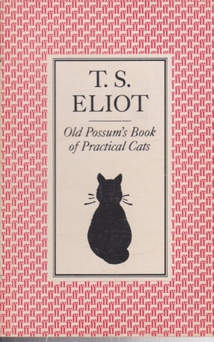 Book cover of 'Old Possum's Book of Practical Cats' by T.S. Eliot with a pink geometric pattern.
