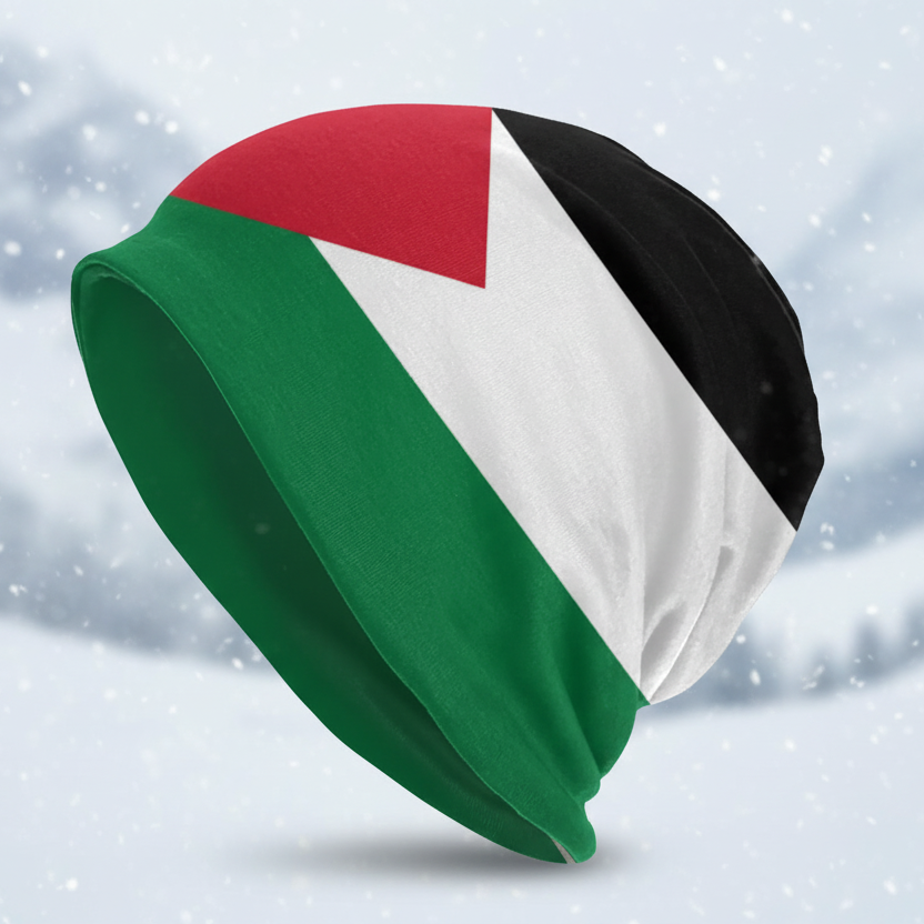 Colorful Palestine flag beanie toque skullcap with green, red, black, and white sections on a snowy background.