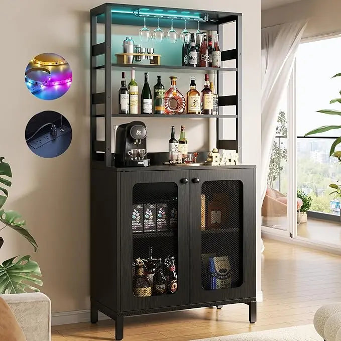 Black bar cabinet with drinks and a coffee machine in a room with a window and plants.