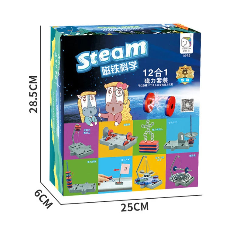Colorful packaging of a STEM educational toy set with cartoon characters and text.