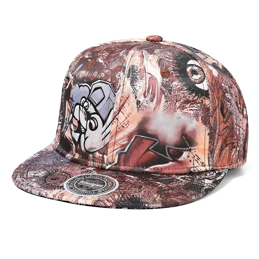 Multicolored cap with abstract design and brand logo on a white background