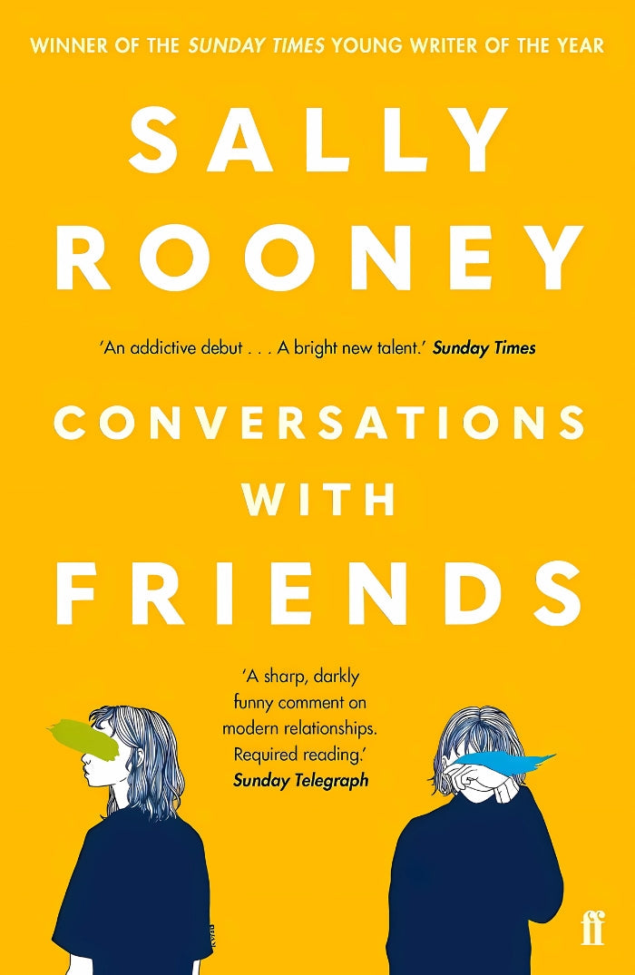 Book cover of 'Conversations with Friends' by Sally Rooney, with vibrant solid-color background and simple graphic elements.