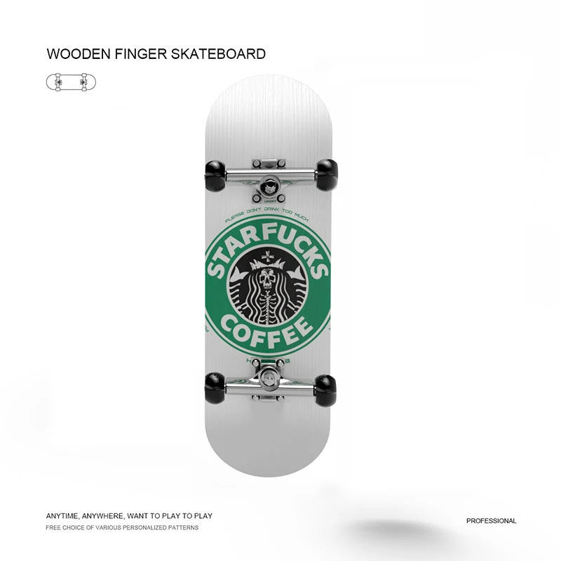 Wooden finger skateboard with Star-Trucks logo on a white background