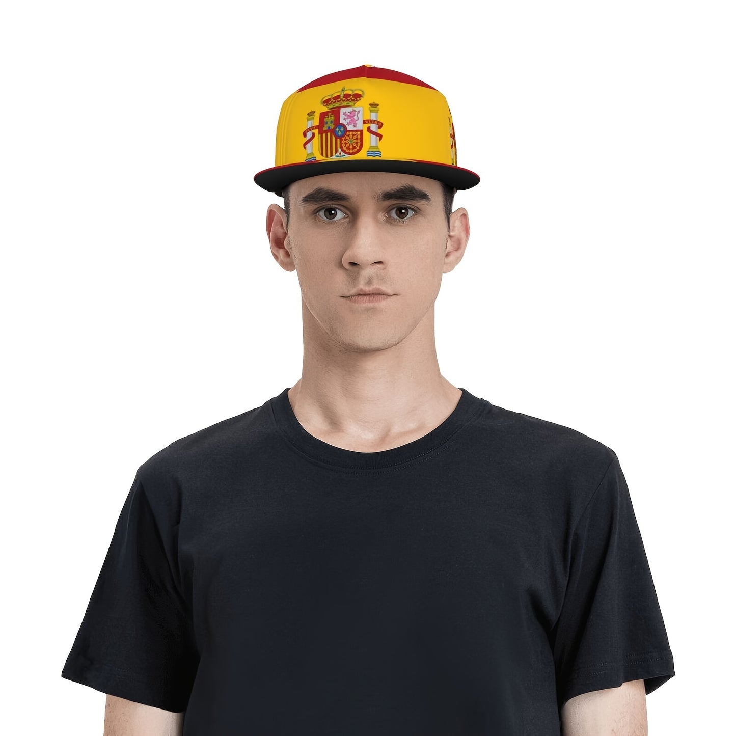 Man wearing a Spanish flag, yellow and red snapback cap on a white background