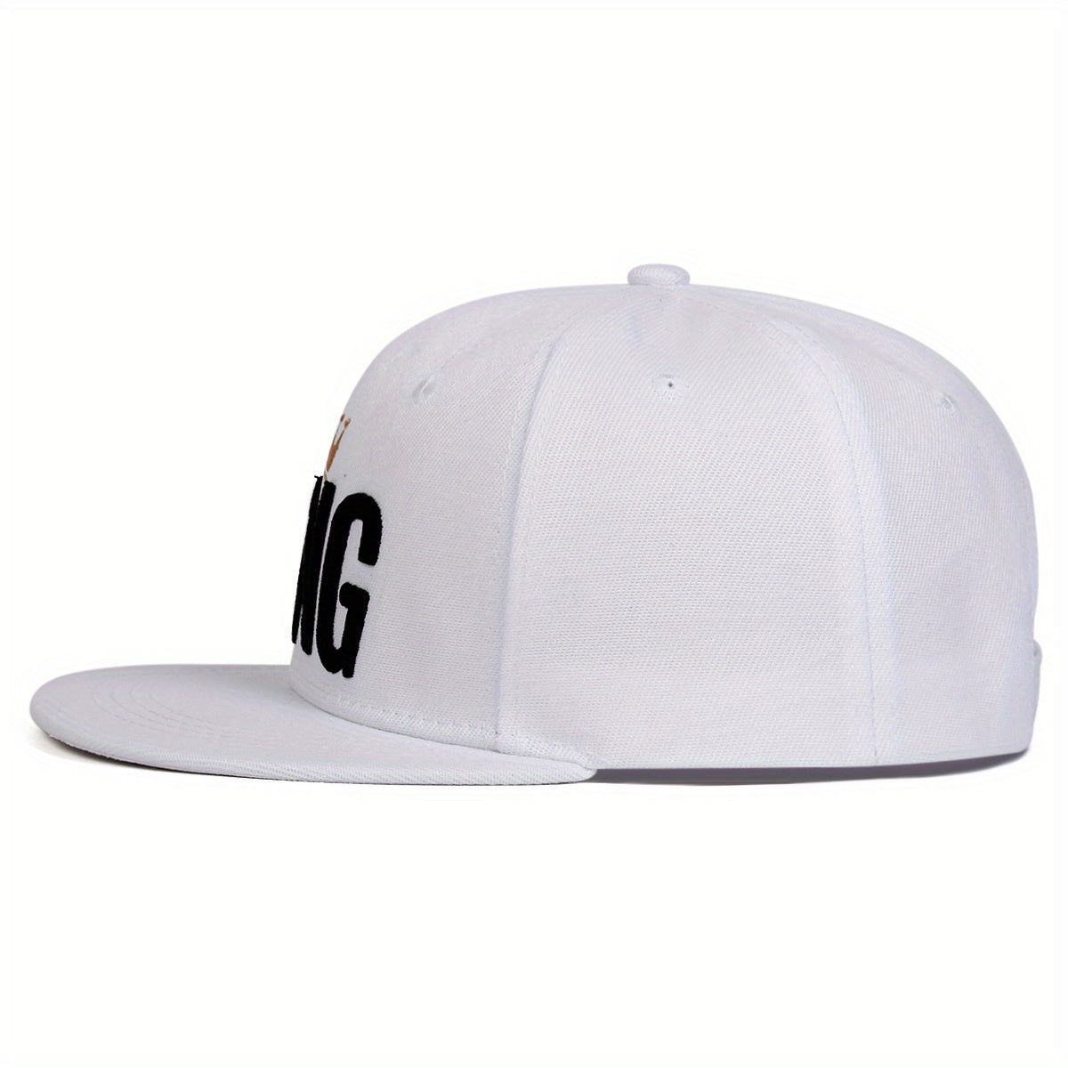 White cap with black text on a white background