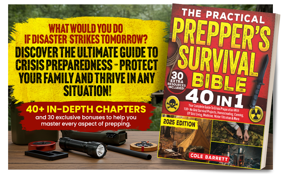 Book titled 'The Practical Prepper's Survival Bible' on a wooden surface with promotional text about crisis preparedness.