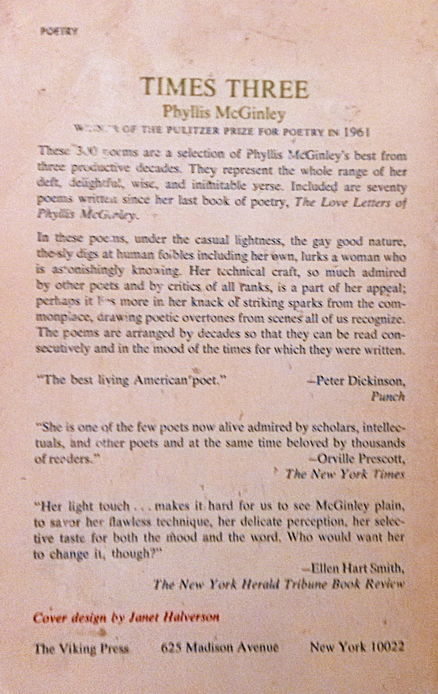 Back cover of Times Three: Selected Verse from Three Decades With Seventy New Poems by Phyllis McGinley
