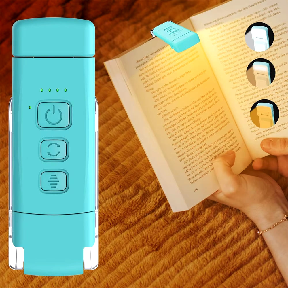 A blue rechargeable reading light for bed is shown with an illustration of how it is used to illuminate a book. The light has a control panel with buttons and a LED light visible.