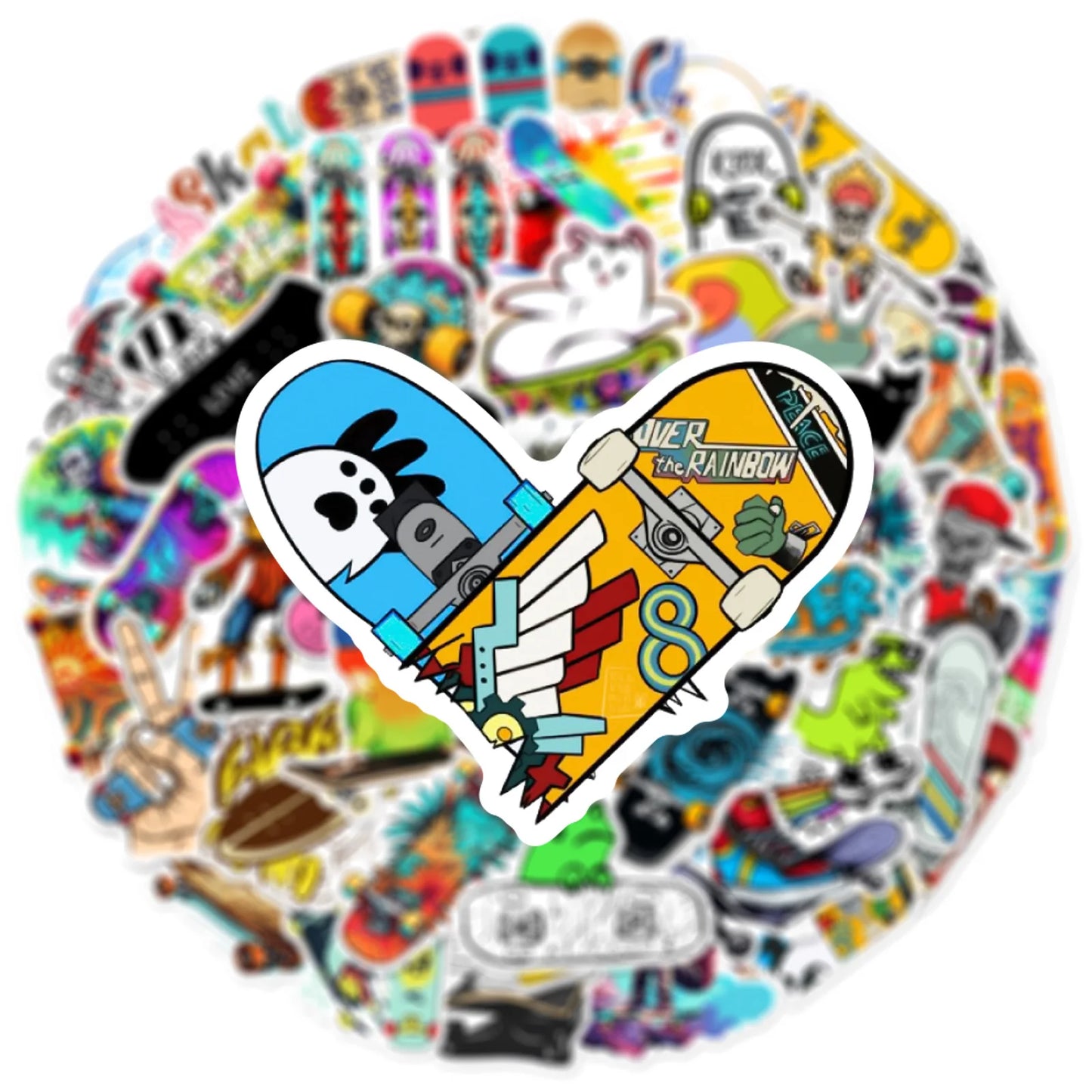 Skateboarding decal collection of colorful stickers with a heart-shaped skateboard design in the center.