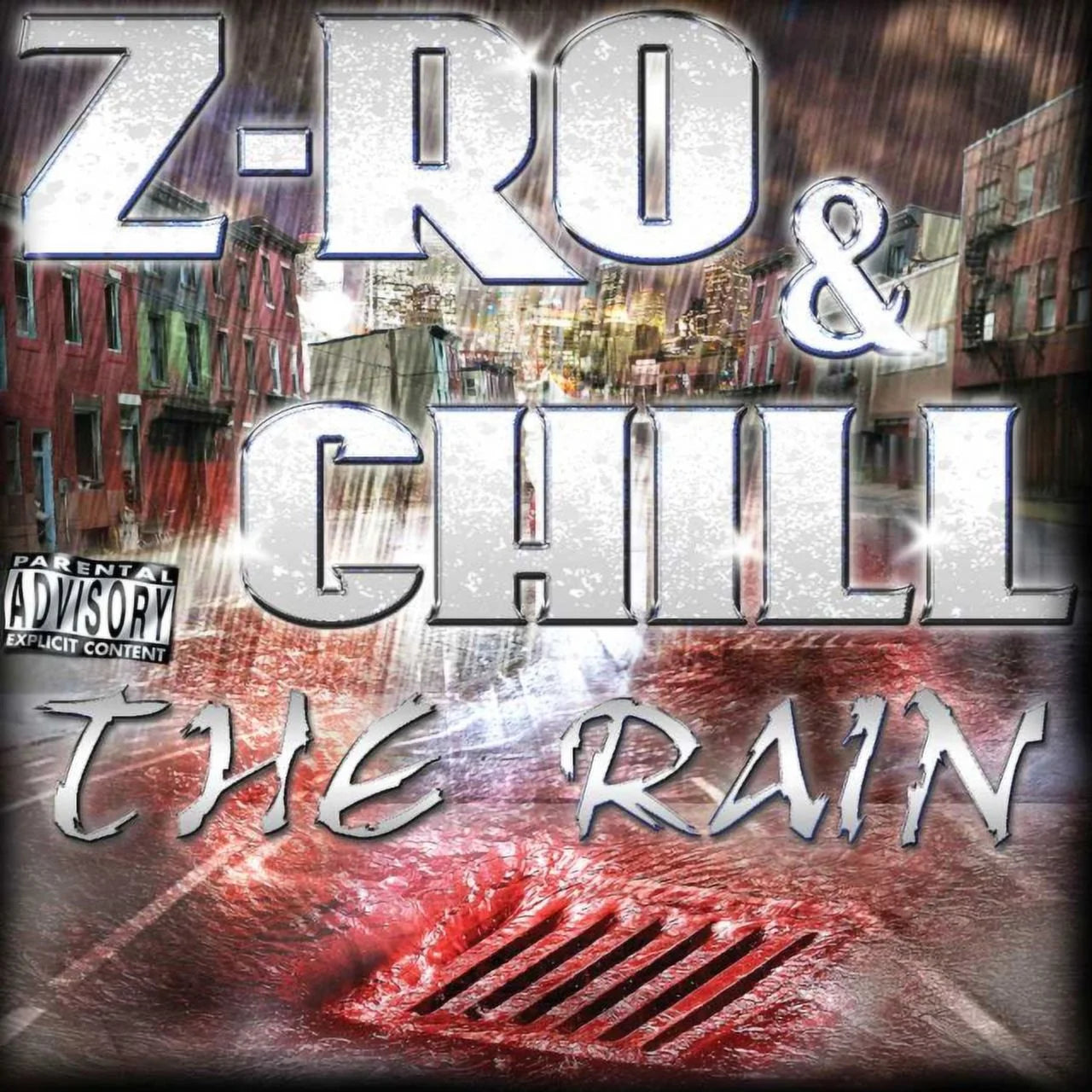 CD album cover for Z-RO & CHILL - THE RAIN featuring a black and white image with red accents, text, and a cityscape in the background.