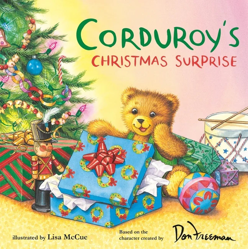 Book cover of 'Corduroy's Christmas Surprise' featuring a cartoon bear character Corduroy, presented with a Christmas tree and gifts in the background.