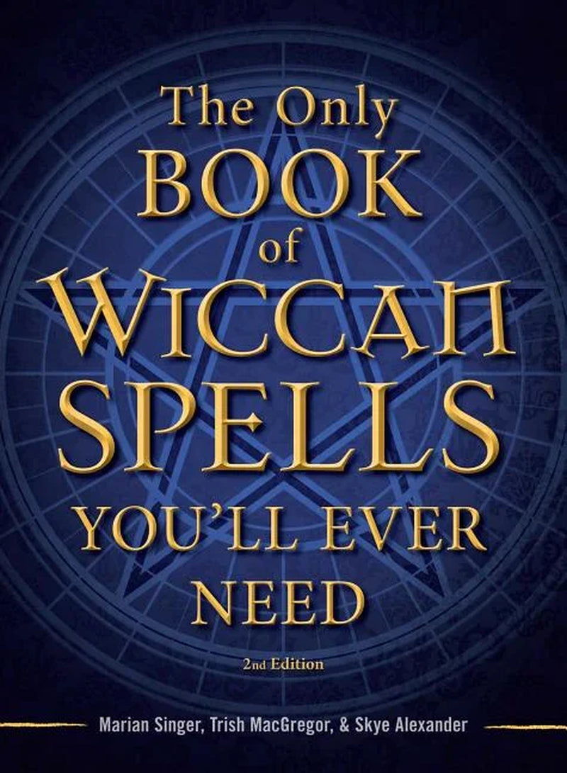 The cover of the book 'The Only Book of Wiccan Spells You'll Ever Need' features a blue background with a golden Wiccan pentagram and the title text.
