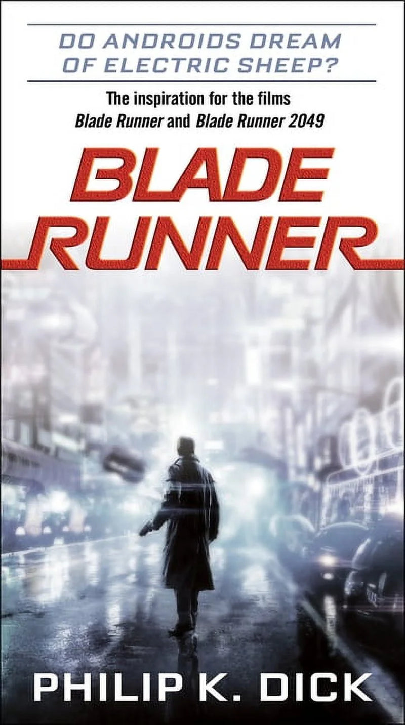 Cover of the book 'Blade Runner' by Philip K. Dick, featuring a silhouette of a character in a cityscape at night.