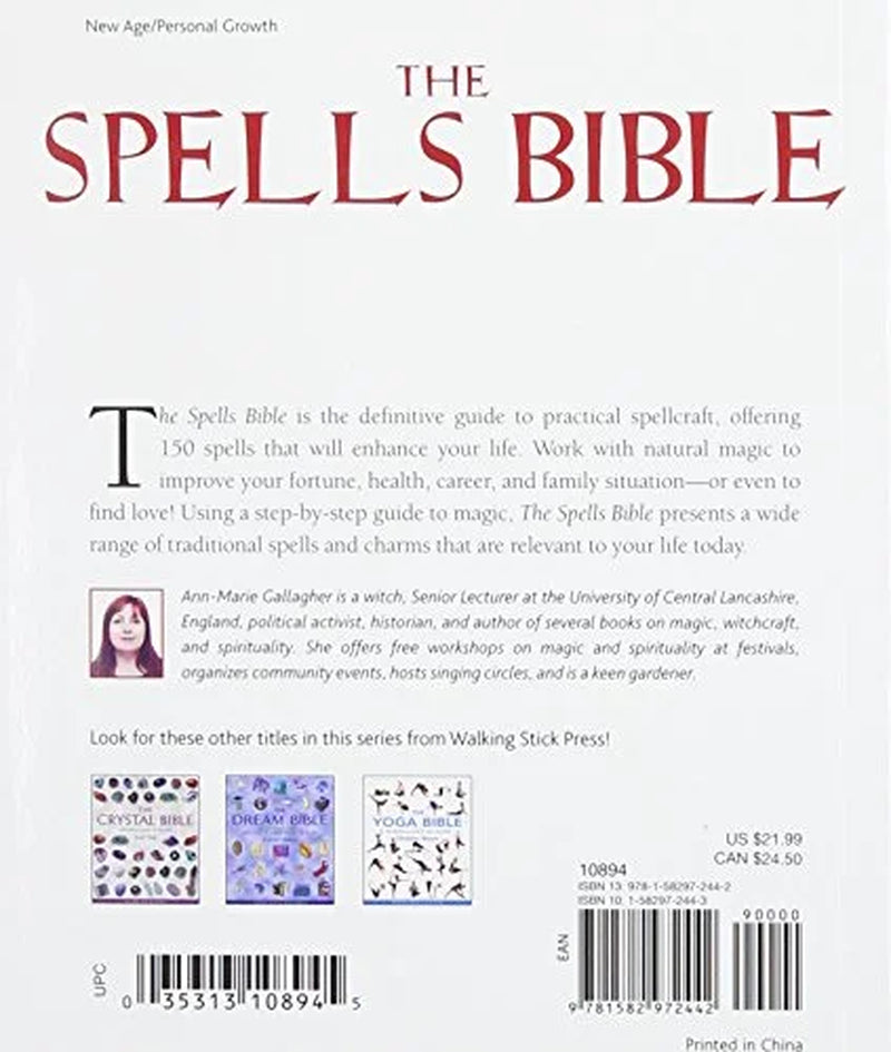 Book back cover for "The Spells Bible: The Definitive Guide to Charms and Enchantments" with synopsis, author bio, publisher branding, ISBN number and barcode.