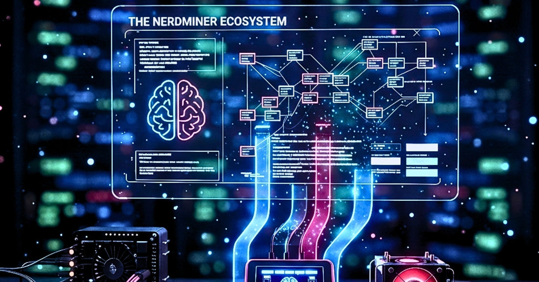 High-resolution 3D render of the Nerdminer ecosystem including Bitaxe NerdQaxe++ and ASIC Lotto Miner hardware. Includes a holographic technical flowchart and brain icon in a neon-lit data center, optimized for solo crypto lotto mining enthusiasts.