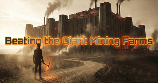 A lone silhouetted miner with a glowing orange pickaxe facing a massive, dark industrial server fortress. Neon orange text reads 'Beating the Giant Mining Farms' with the Bust-Down Books logo.